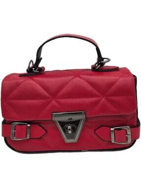 Red Quilted Faux Leather Handbag with Silver Buckle